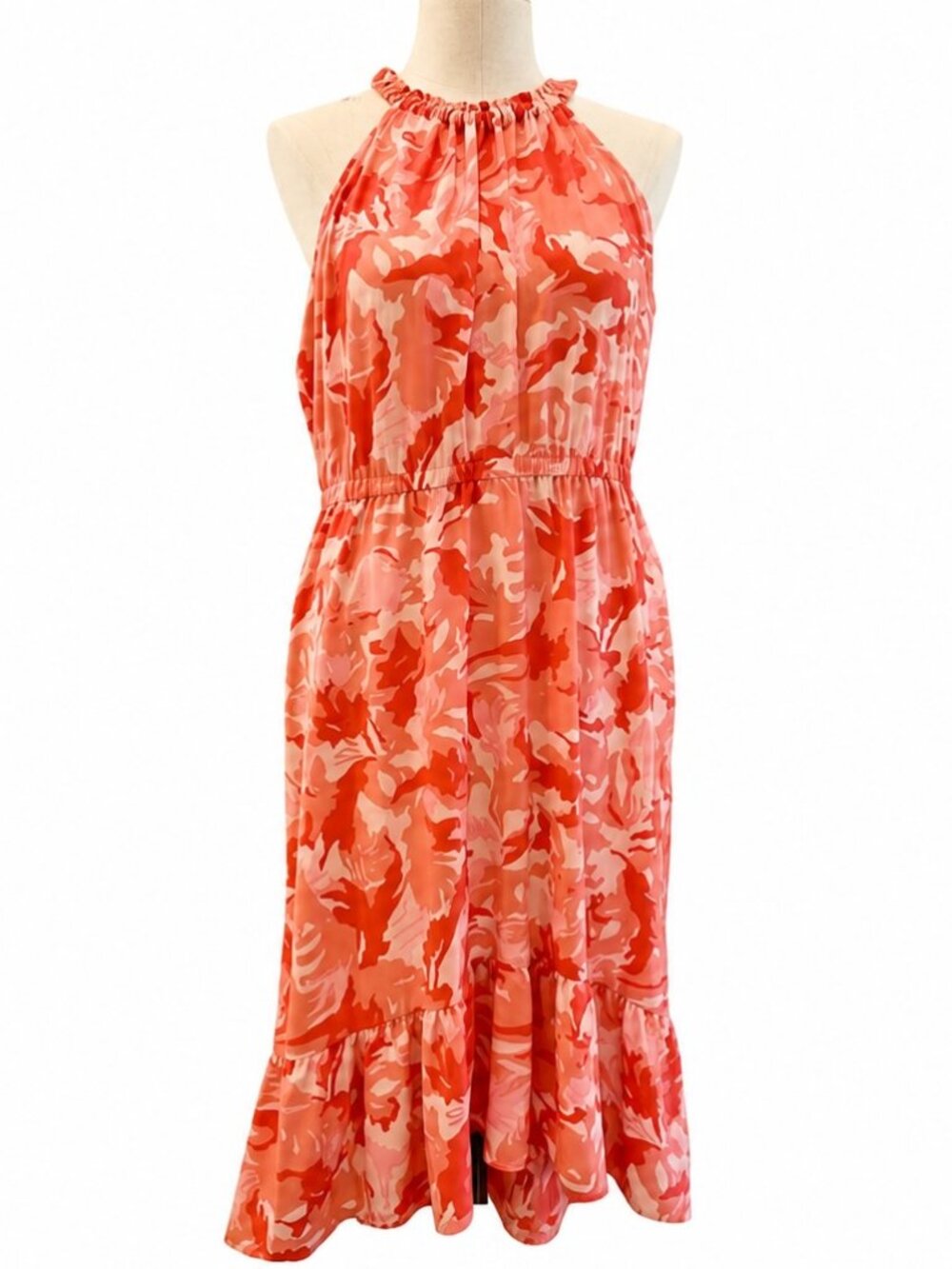 Nine West Coral Tropical Floral Halter Midi Dress XL Tiered Fit Flare Resort - Picture 3 of 5
